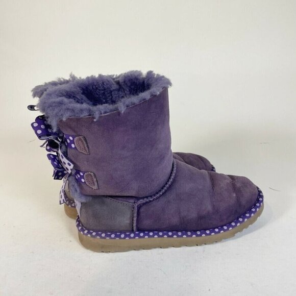 UGG Bailey Bow II Snow Boots Purple Size 4 Girls Purple Polka Suede Sheepskin - Picture 3 of 10